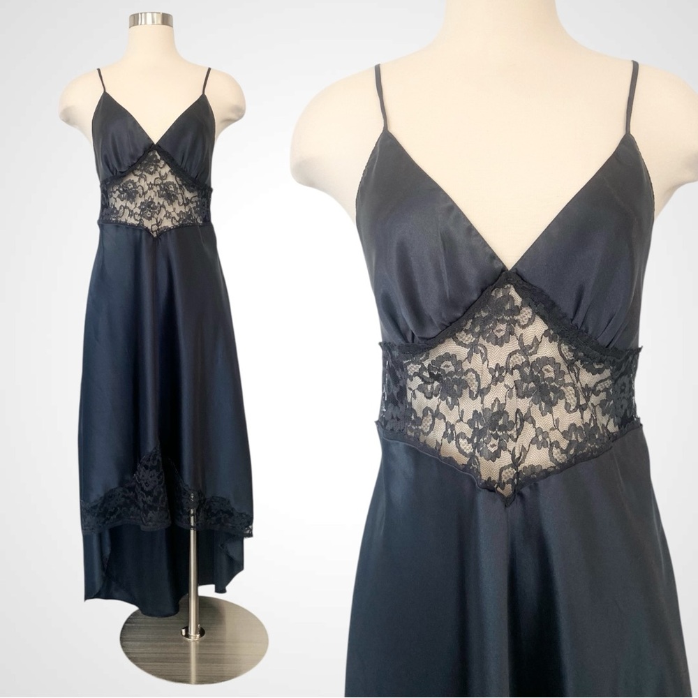 90s Victoria’s Secret Silky Satin Black Lace Hi Lo Maxi Gown Vintage Slip Dress